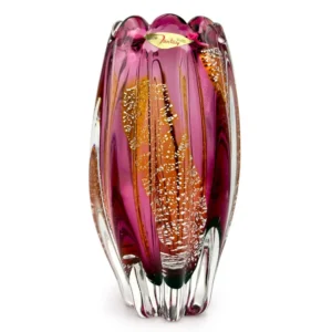 Vase en verre d'art Sanyu Glass (Japon), collection Narumi « Fantasy », 23 cm, bleu/violet avec feuilles d'or/argent n° 1...