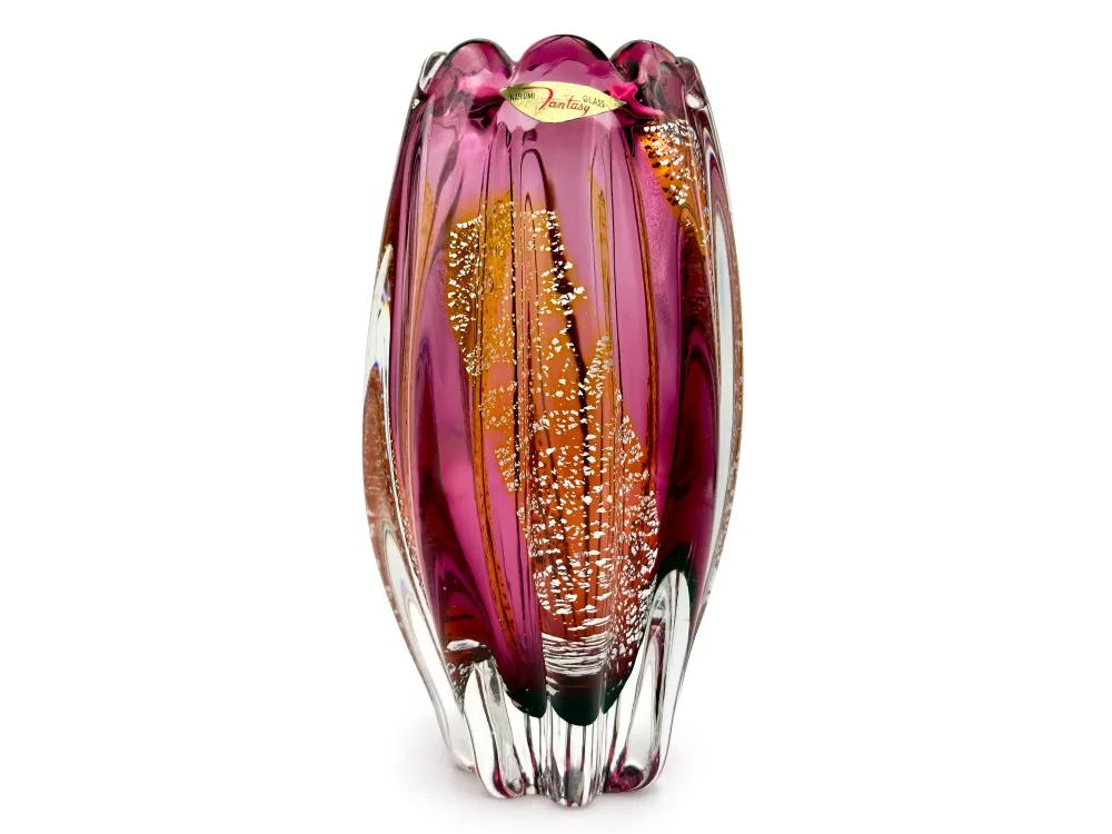 Vase en verre d'art Sanyu Glass (Japon), collection Narumi « Fantasy », 23 cm, bleu/violet avec feuilles d'or/argent n° 1...