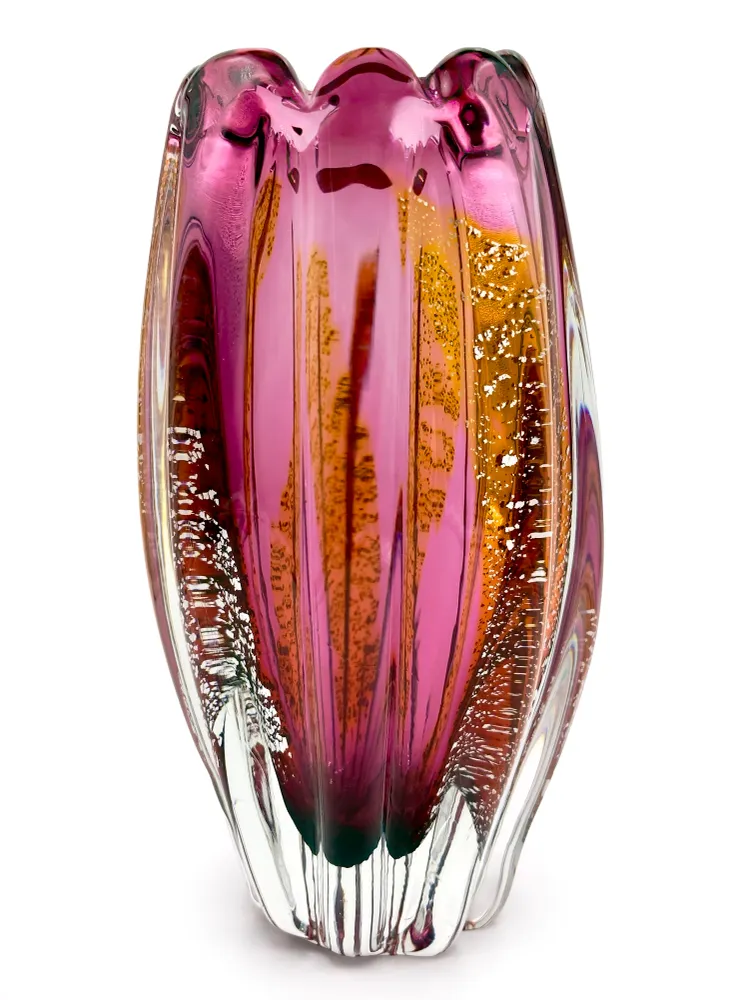 Vase en verre d'art Sanyu Glass (Japon), collection Narumi « Fantasy », 23 cm, bleu/violet avec feuilles d'or/argent n° 1...