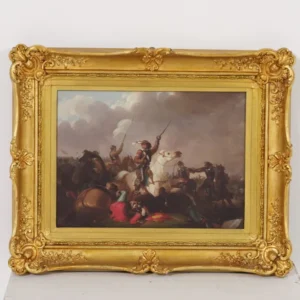 Scène de Bataille à l’Huile : Peinture du XIXe Siècle sur Toile, 53x39 cm