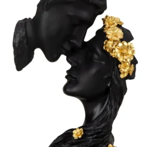 Sculpture d'amoureux noire avec éléments dorés en pierre artificielle avec socle noir hauteur 30 cm Br