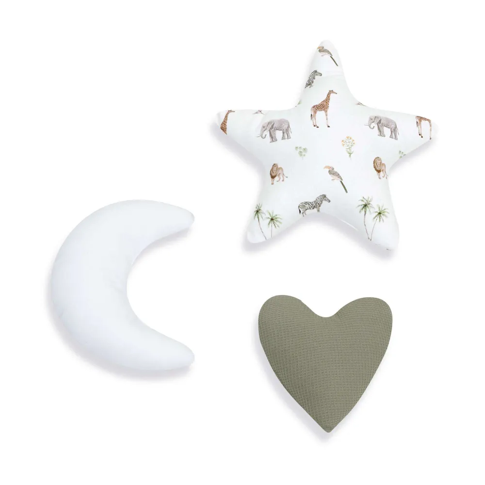 Set 3 coussins décoratifs (lune, étoile, cœur) imprimé jungle · 693-147 Natura