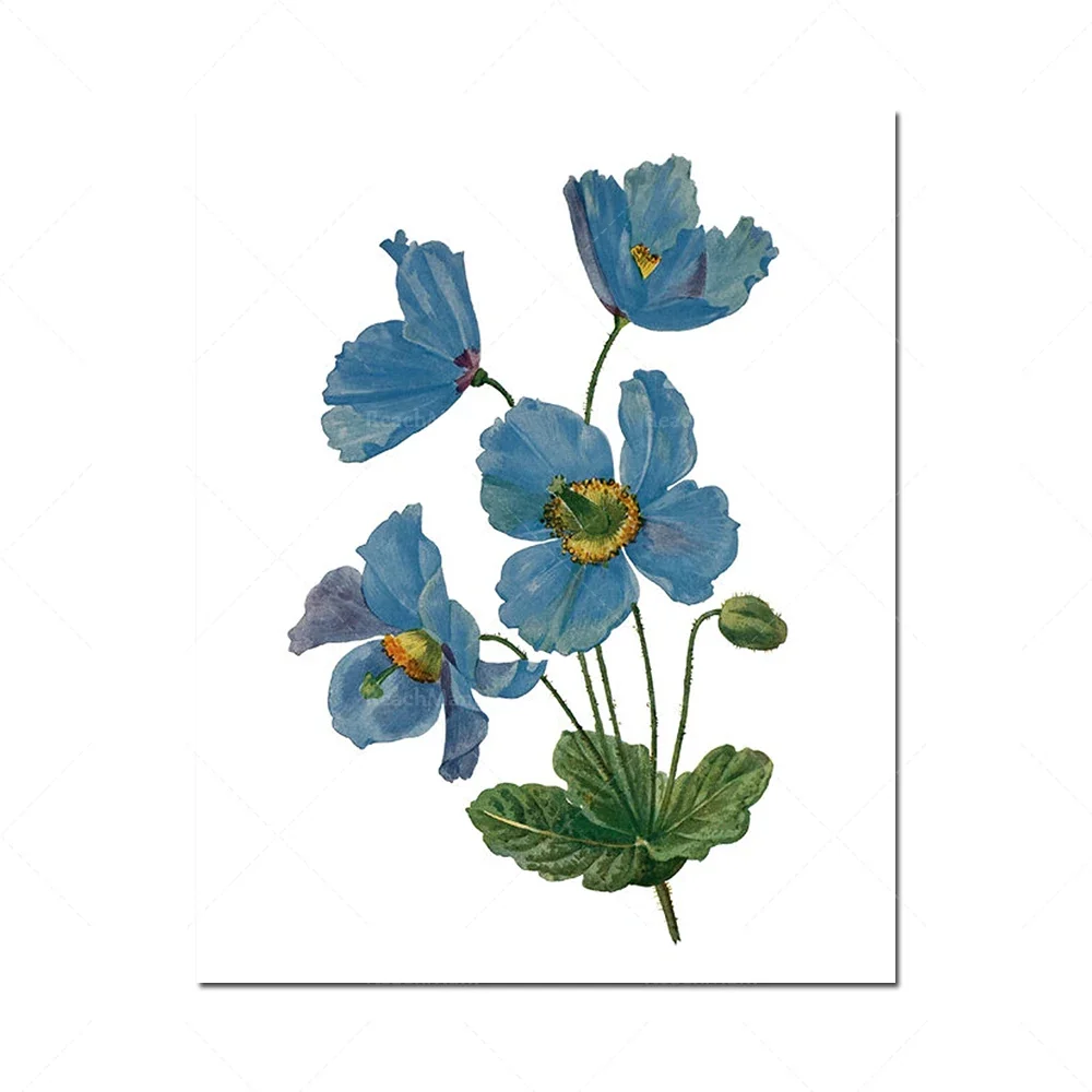 Set 4 toiles fleurs bleues imprimées toile coton rétro