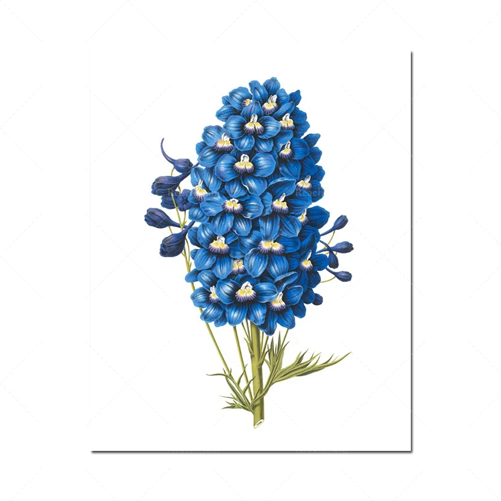 Set 4 toiles fleurs bleues imprimées toile coton rétro