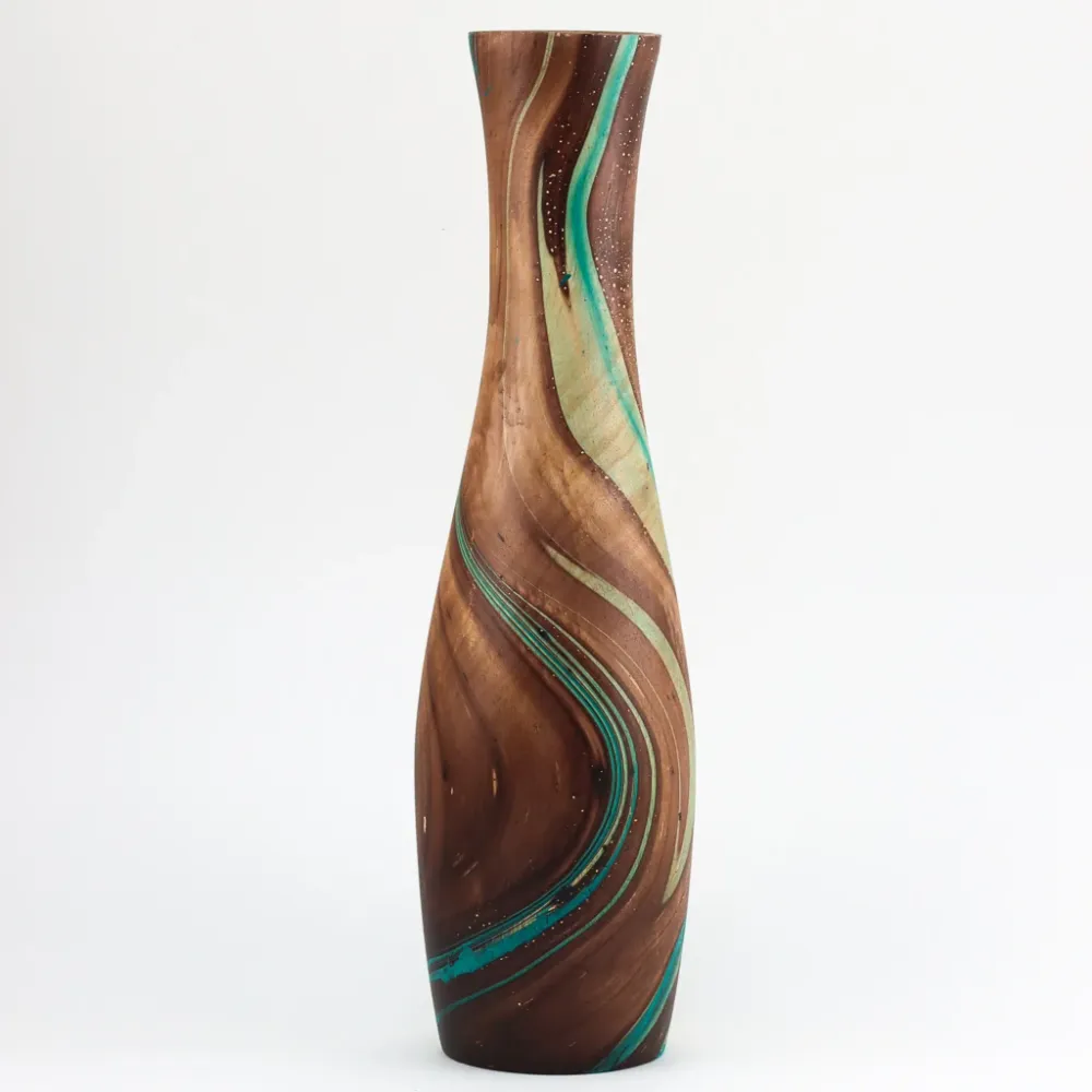 Vase Entonnoir en Bois de Manguier - 14" (Turquoise) Somyod