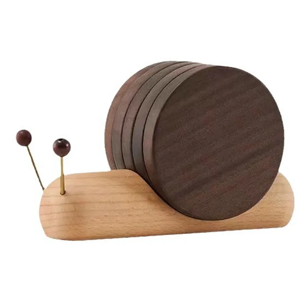 Sous-verres 5PCS ronds escargots en bois décoration maison avec aimant mignon dessous en bois élégant pour café thé et boi...