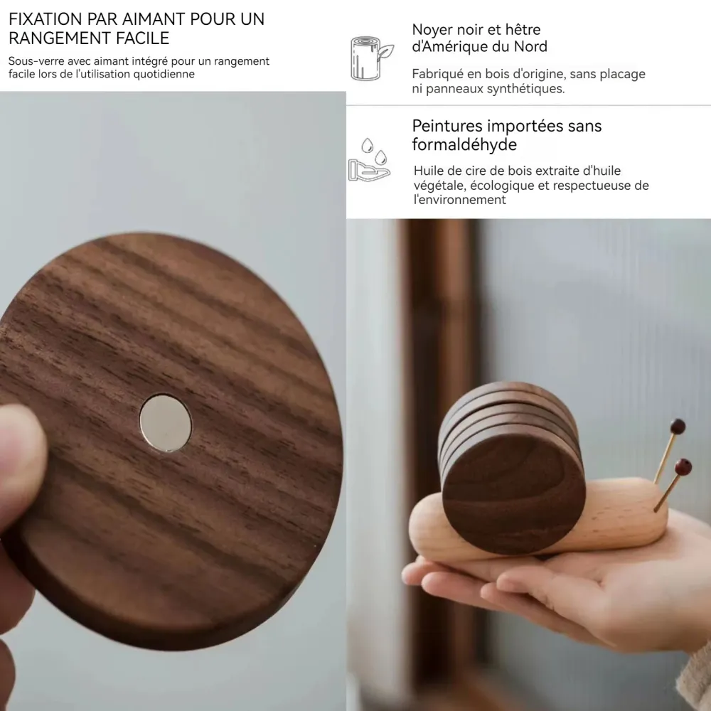 Sous-verres 5PCS ronds escargots en bois décoration maison avec aimant mignon dessous en bois élégant pour café thé et boi...