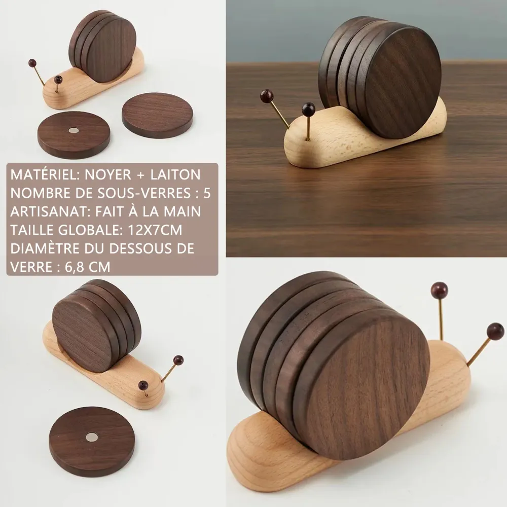 Sous-verres 5PCS ronds escargots en bois décoration maison avec aimant mignon dessous en bois élégant pour café thé et boi...