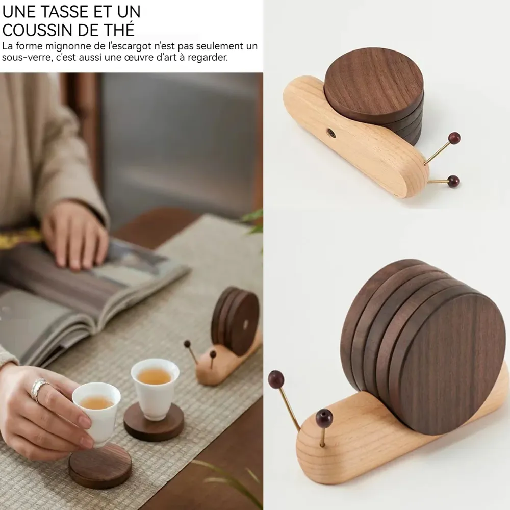 Sous-verres 5PCS ronds escargots en bois décoration maison avec aimant mignon dessous en bois élégant pour café thé et boi...