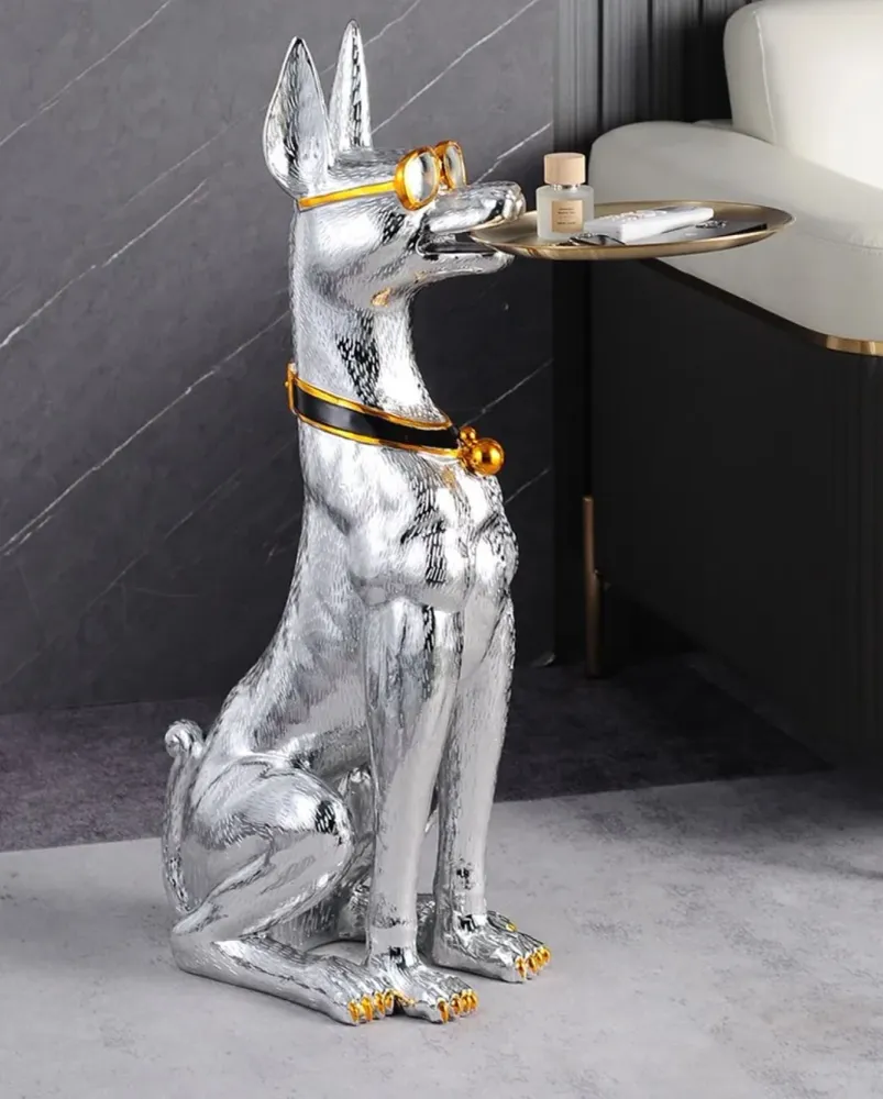 Statue Dobermann table appoint argenté 75 cm