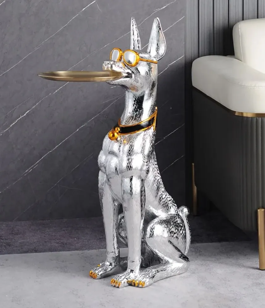 Statue Dobermann table appoint argenté 75 cm