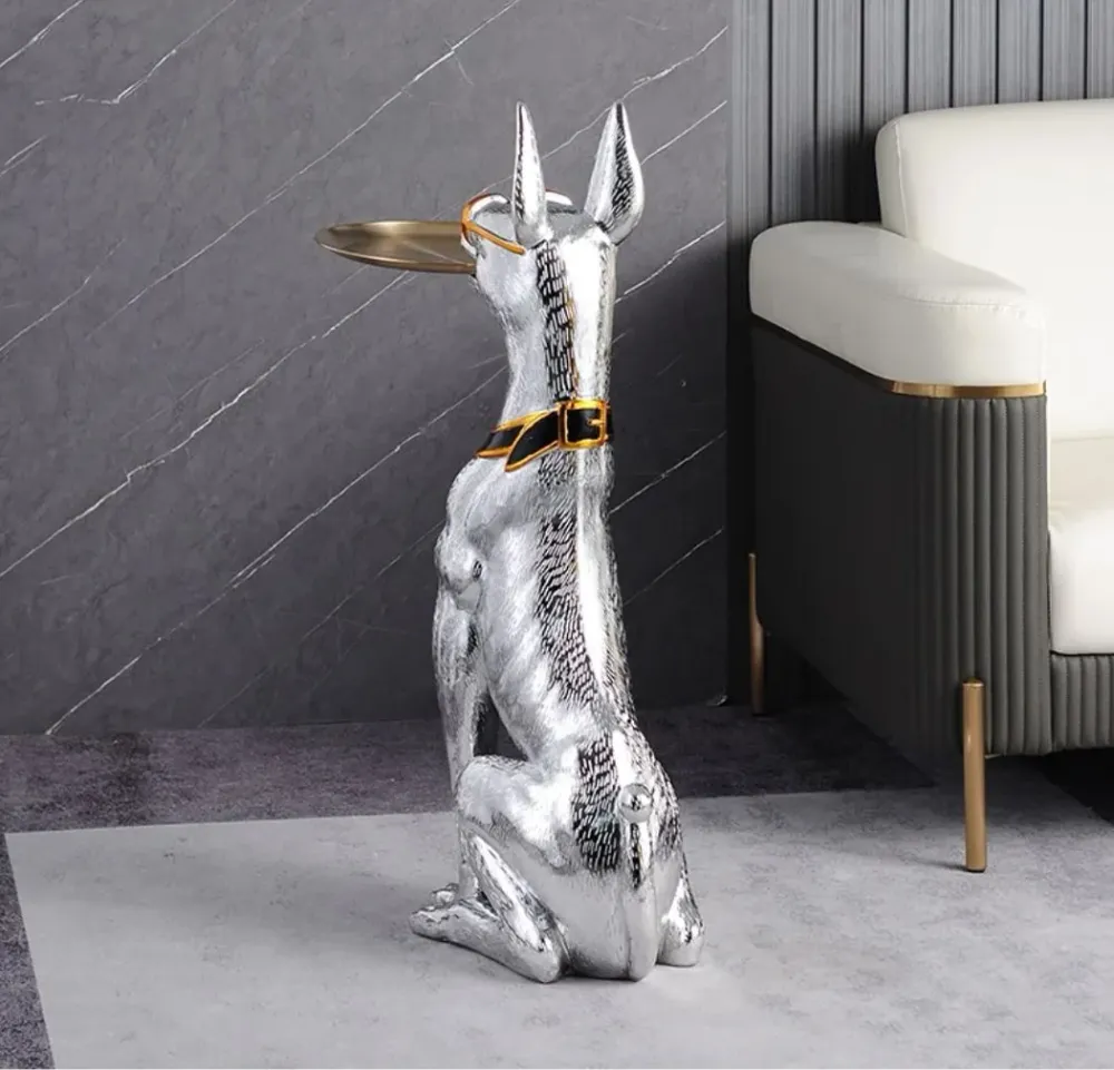 Statue Dobermann table appoint argenté 75 cm
