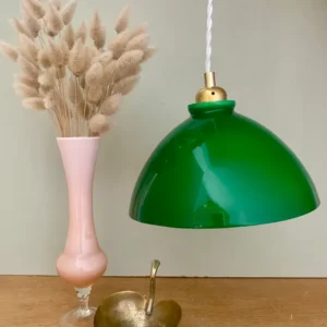 Suspension abat-jour vintage en opaline verte et blanche