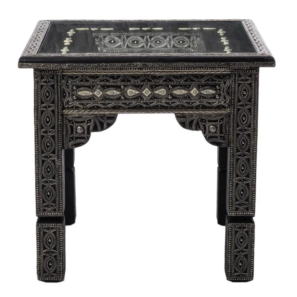 Table marocaine en bois plaqué maillechort et os blanc