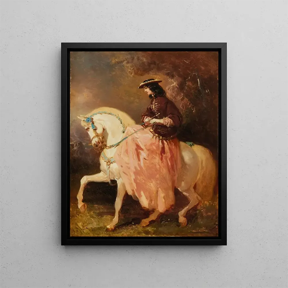 Tableau Amazone au petit canotier veste rouge jupe rose une cravache sur un cheval gris aux rubans bleus - Alfred de Dreux...