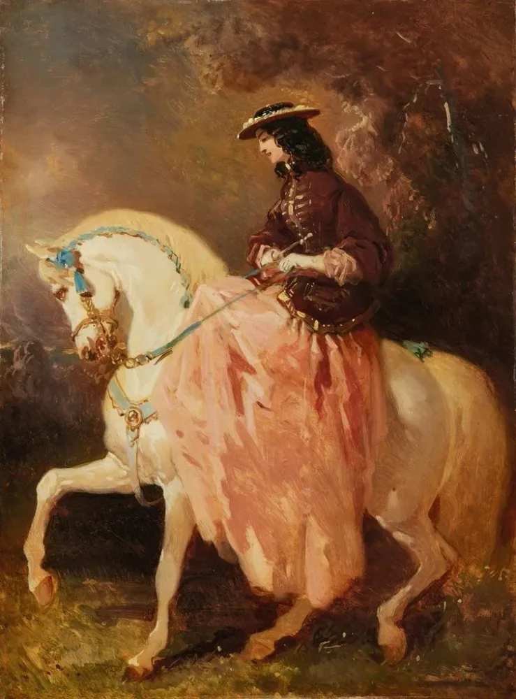 Tableau Amazone au petit canotier veste rouge jupe rose une cravache sur un cheval gris aux rubans bleus - Alfred de Dreux...