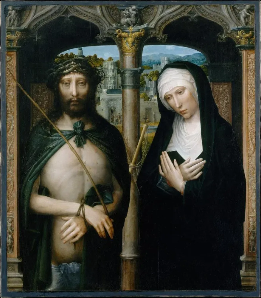 Tableau Le Christ couronné d'épines Ecce Homo et la Vierge en deuil - Adriaen Isenbrandt | Reproduction