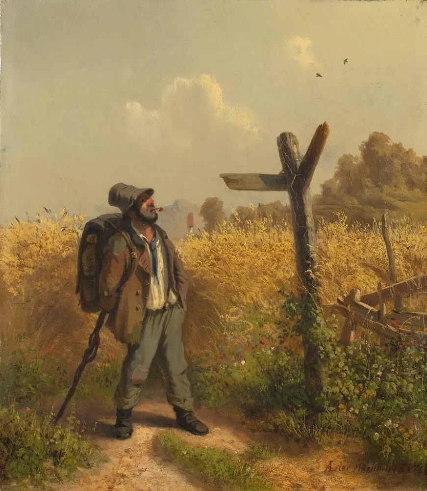 Tableau Le clochard au panneau indicateur - Adolf Heinrich Lier | Reproduction