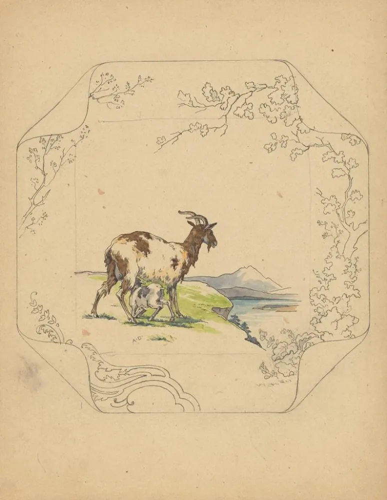 Tableau Conception d'une plaque modèle carrée avec une chèvre en lactation - Albert Louis Dammouse | Reproduction