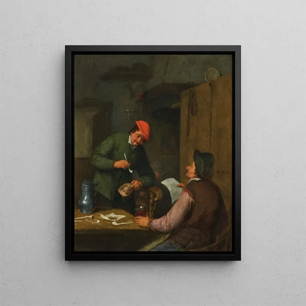 Tableau Deux paysans fument, boivent et lisent dans une auberge - Adriaen van Ostade | Reproduction