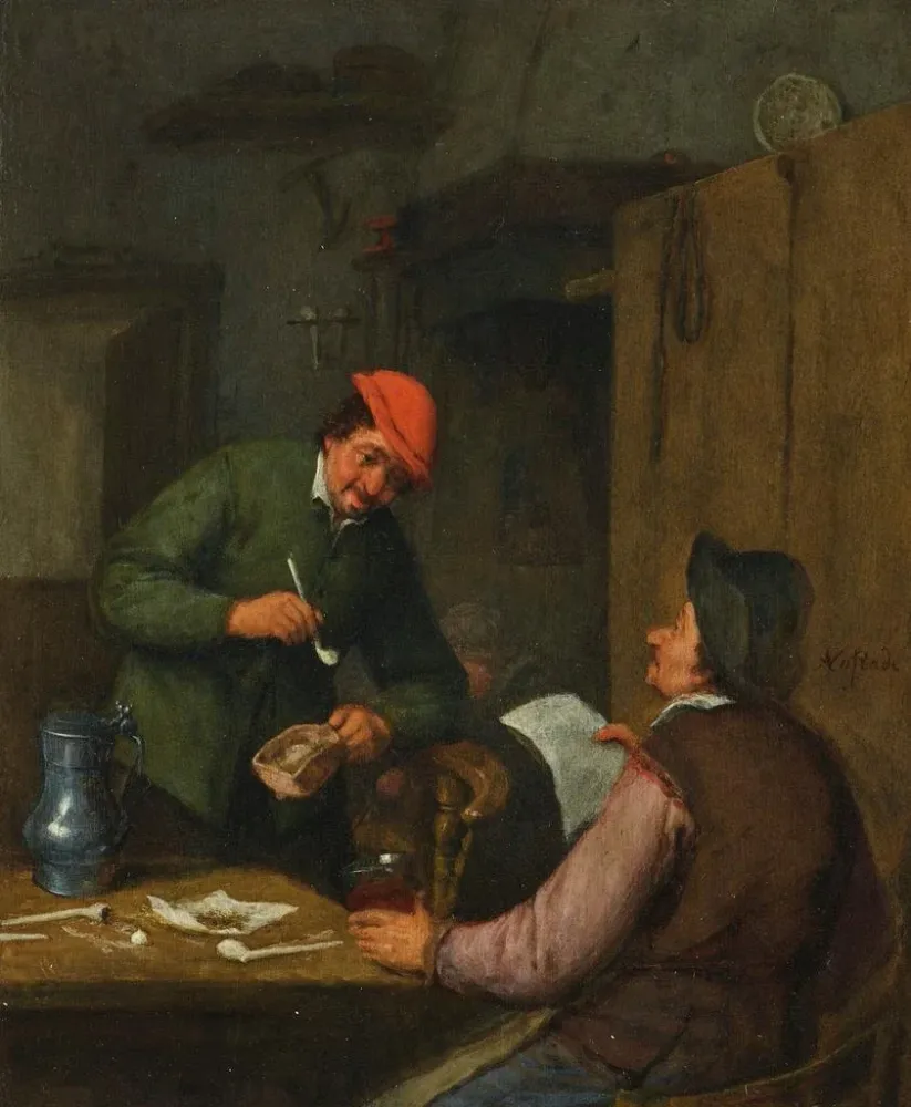 Tableau Deux paysans fument, boivent et lisent dans une auberge - Adriaen van Ostade | Reproduction