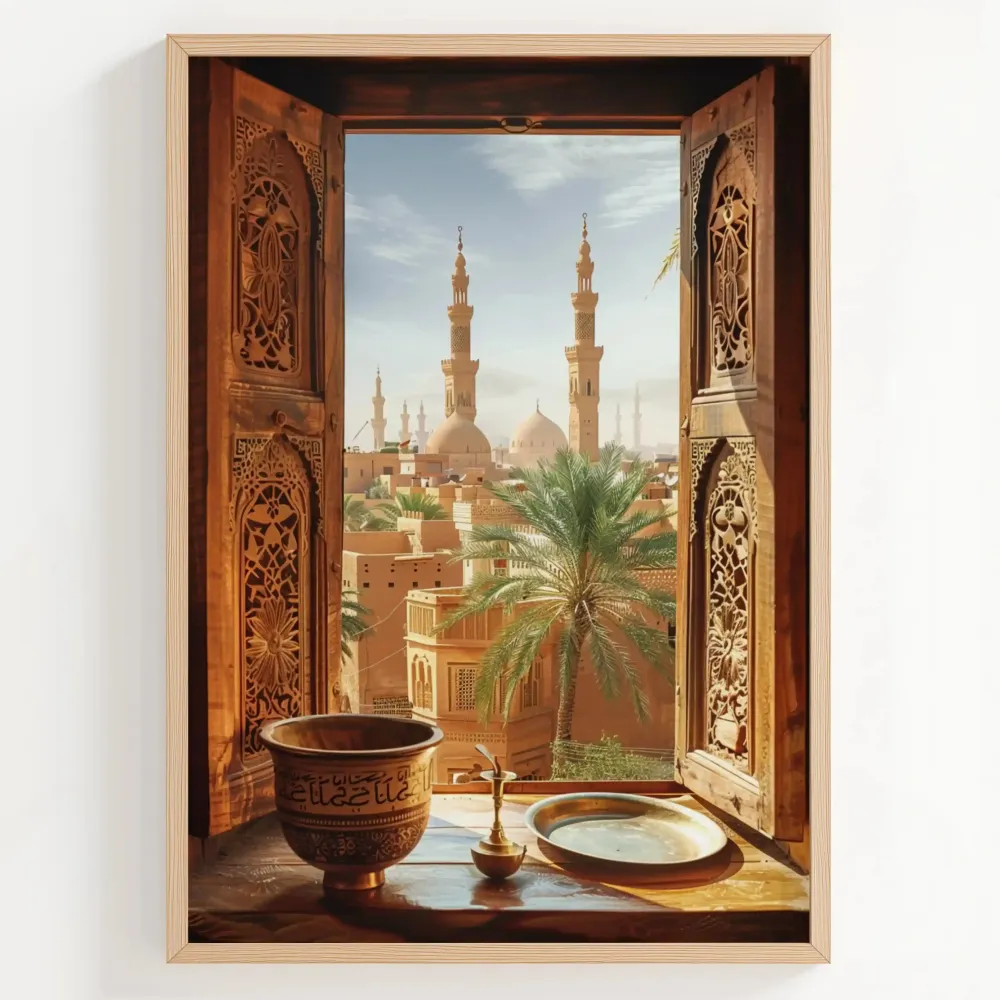 Tableau Egypte – Paysage Oriental à Travers Fenêtre Sculptée