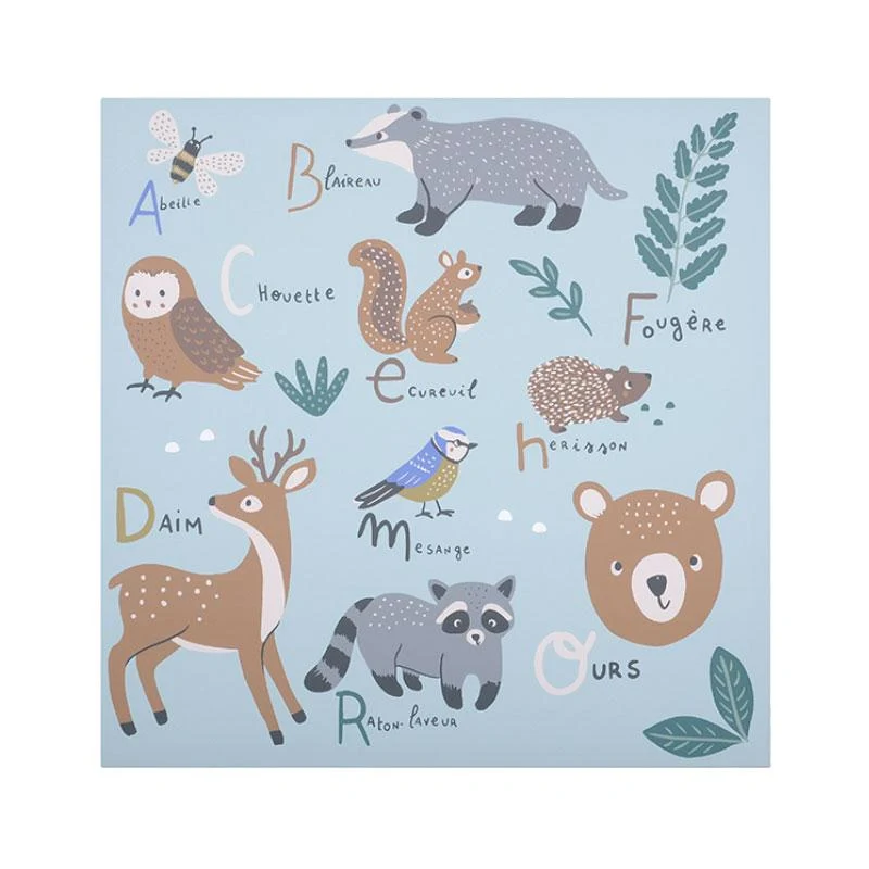 Tableau encadré à suspendre en bois peint avec dessins d'animaux de la êt et noms en français cm.45x45h