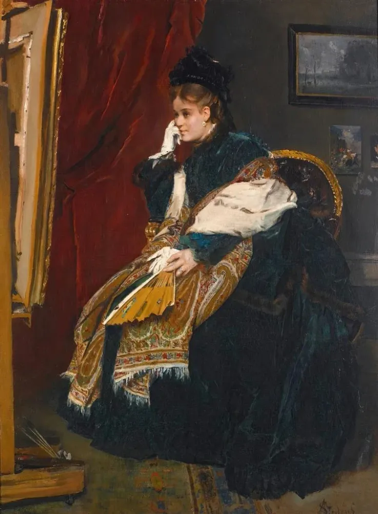 Tableau La femme en vert dans l'atelier - Alfred Stevens | Reproduction