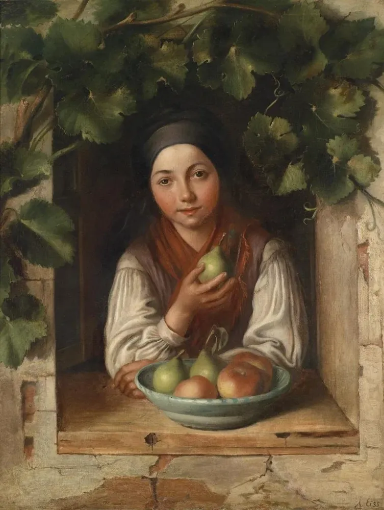 Tableau Fille à la fenêtre couverte de vigne - Alois Eiss | Reproduction