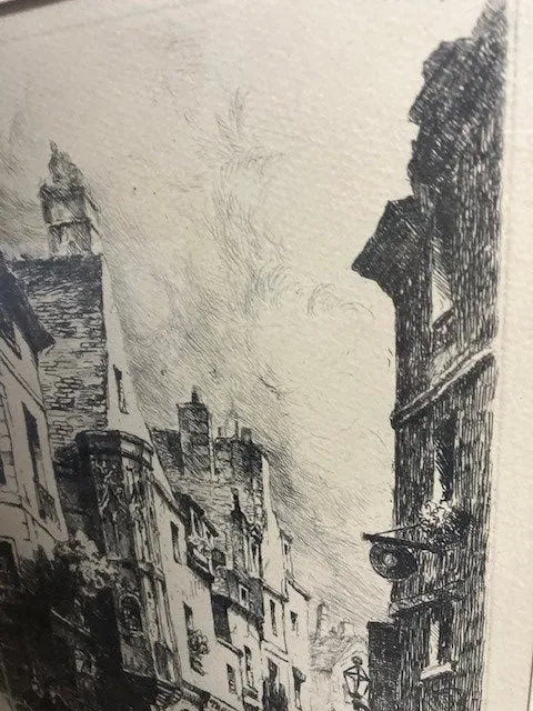 Tableau Gravure Estampe Signé Charles Nollet Paris Rue des Francs Bourgeois
