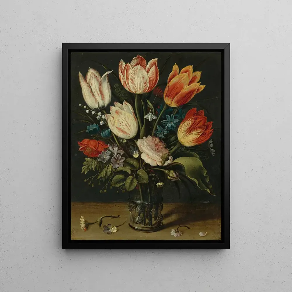 Tableau Nature morte de tulipes et autres fleurs dans un vase en verre - Andries Daniels | Reproduction