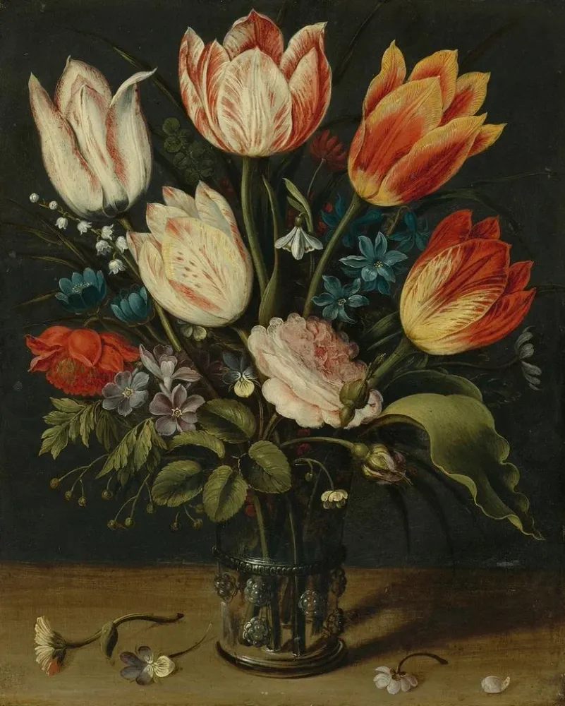 Tableau Nature morte de tulipes et autres fleurs dans un vase en verre - Andries Daniels | Reproduction