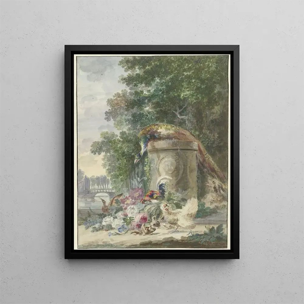 Tableau Paon et volaille dans un parc poursuivis par un chien - Arie Lamme | Reproduction