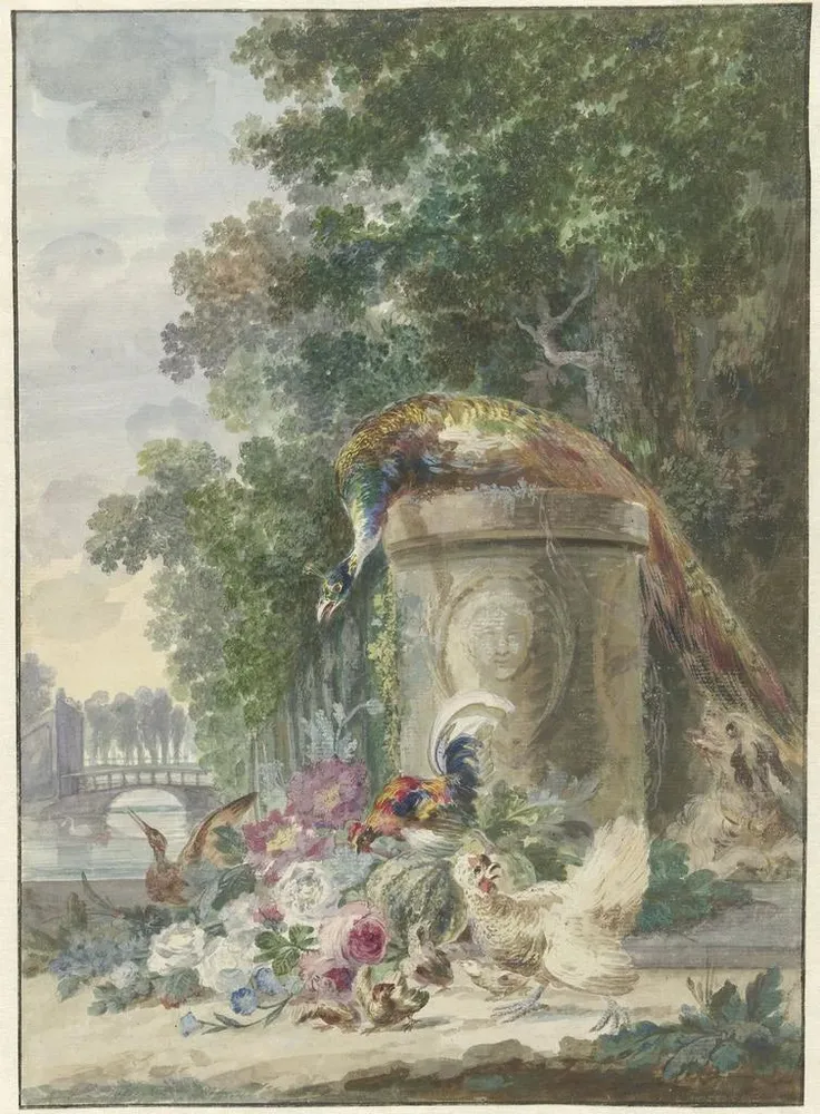 Tableau Paon et volaille dans un parc poursuivis par un chien - Arie Lamme | Reproduction