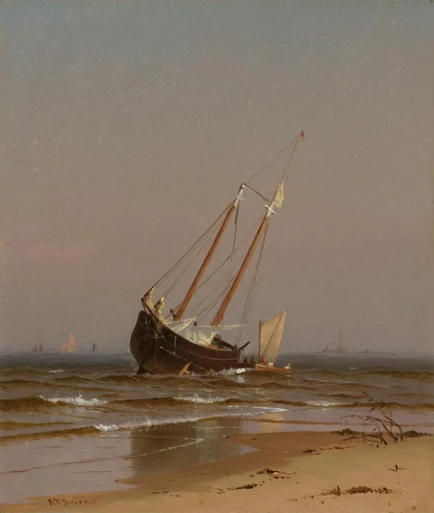 Tableau Paysage marin : bateau échoué sur la plage de Salisbury - Alfred Thompson Bricher | Reproduction