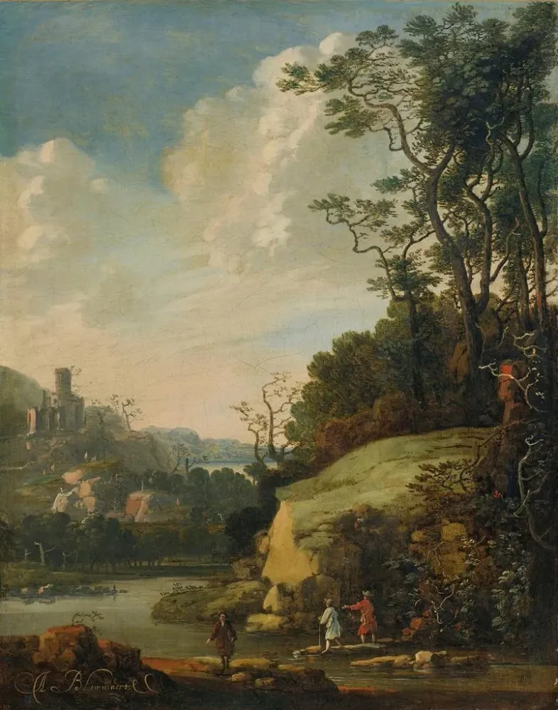 Tableau Paysage vallonné avec des personnages au bord d'une rivière - Abraham Bloemaert | Reproduction