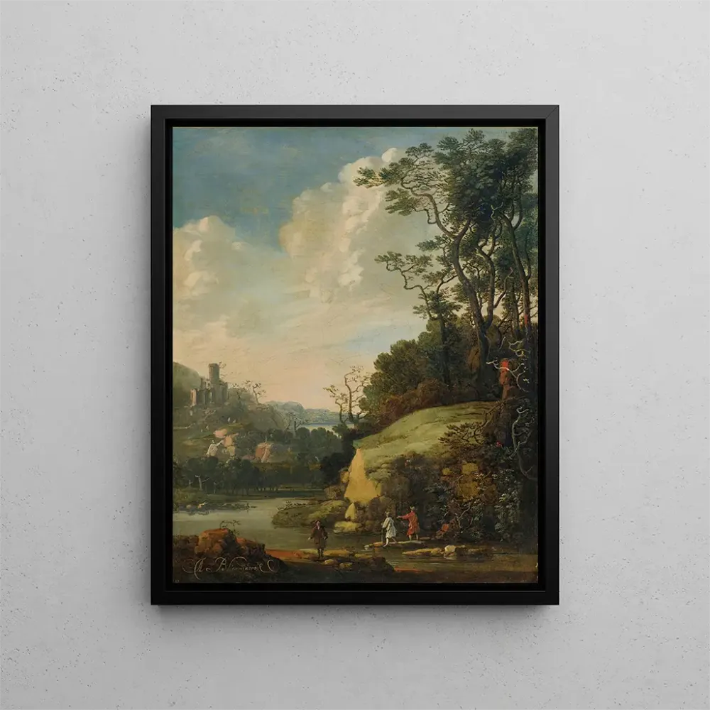 Tableau Paysage vallonné avec des personnages au bord d'une rivière - Abraham Bloemaert | Reproduction
