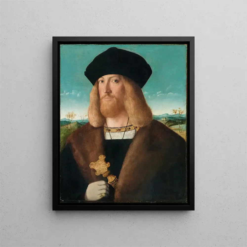 Tableau Portrait d'un homme barbu mi-long portant un manteau doublé de fourrure et tenant un poignard Un paysage au-delà -...