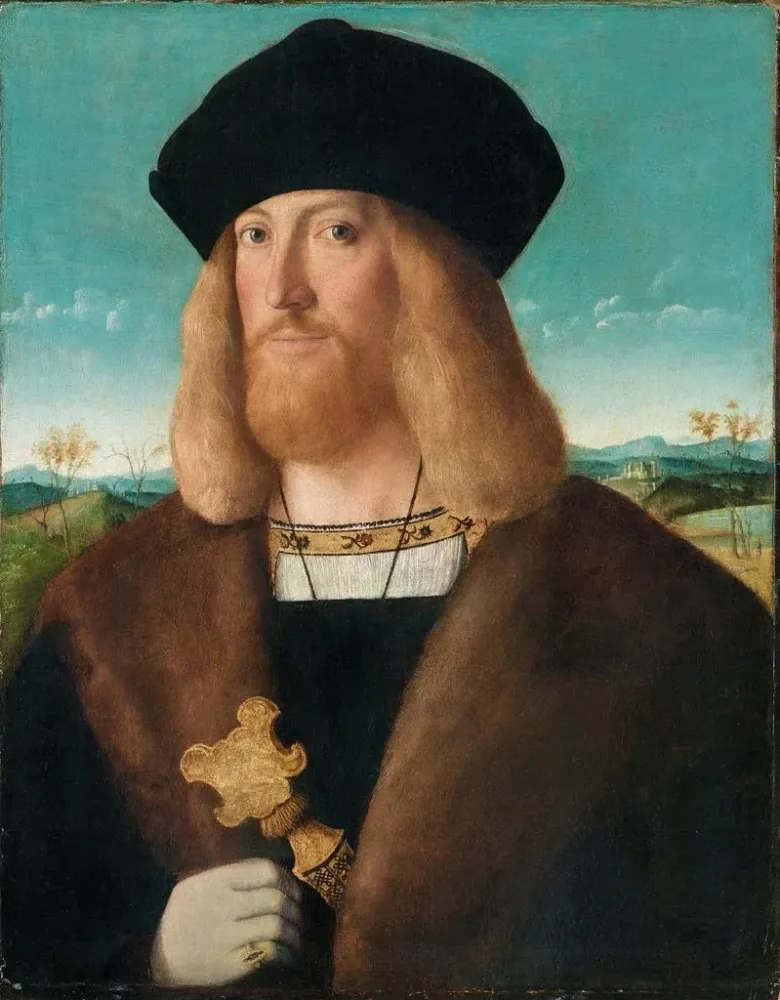 Tableau Portrait d'un homme barbu mi-long portant un manteau doublé de fourrure et tenant un poignard Un paysage au-delà -...