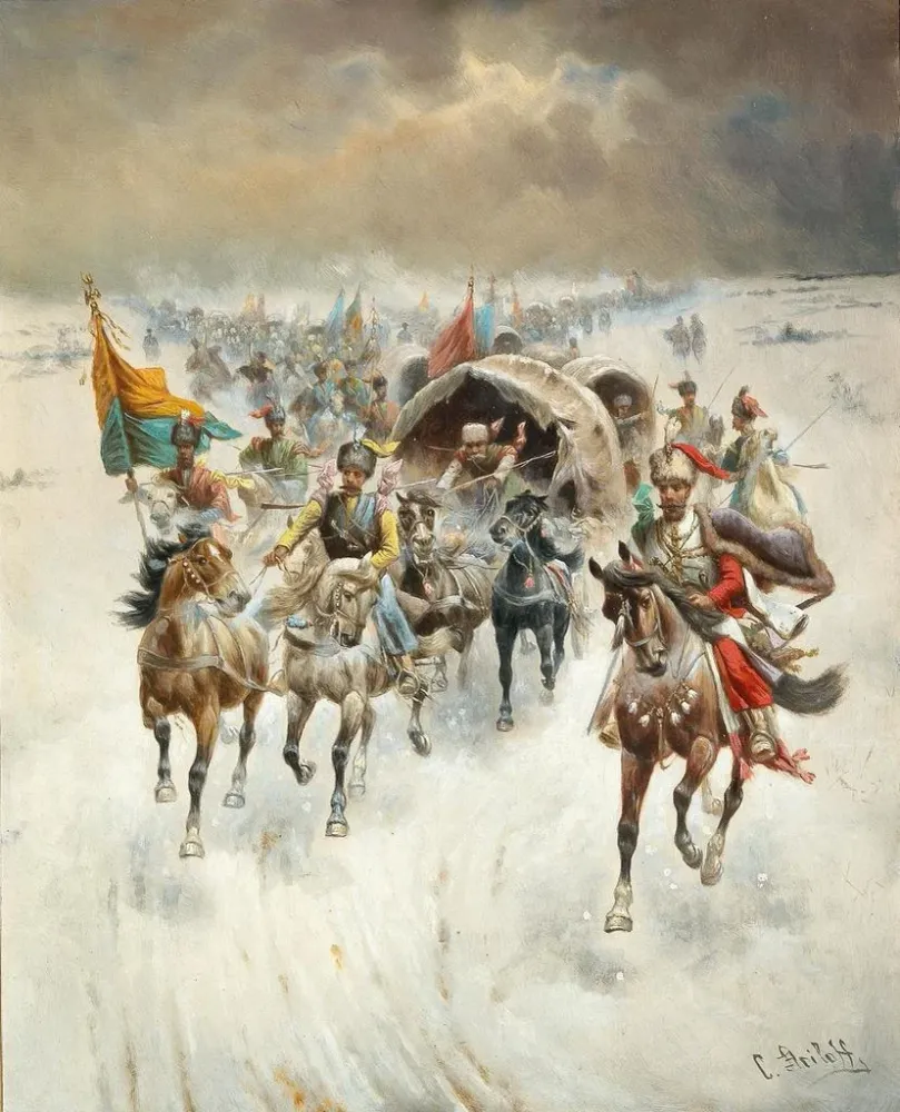 Tableau Procession cosaque dans un paysage hivernal - Adolf Baumgartner-Stoiloff | Reproduction