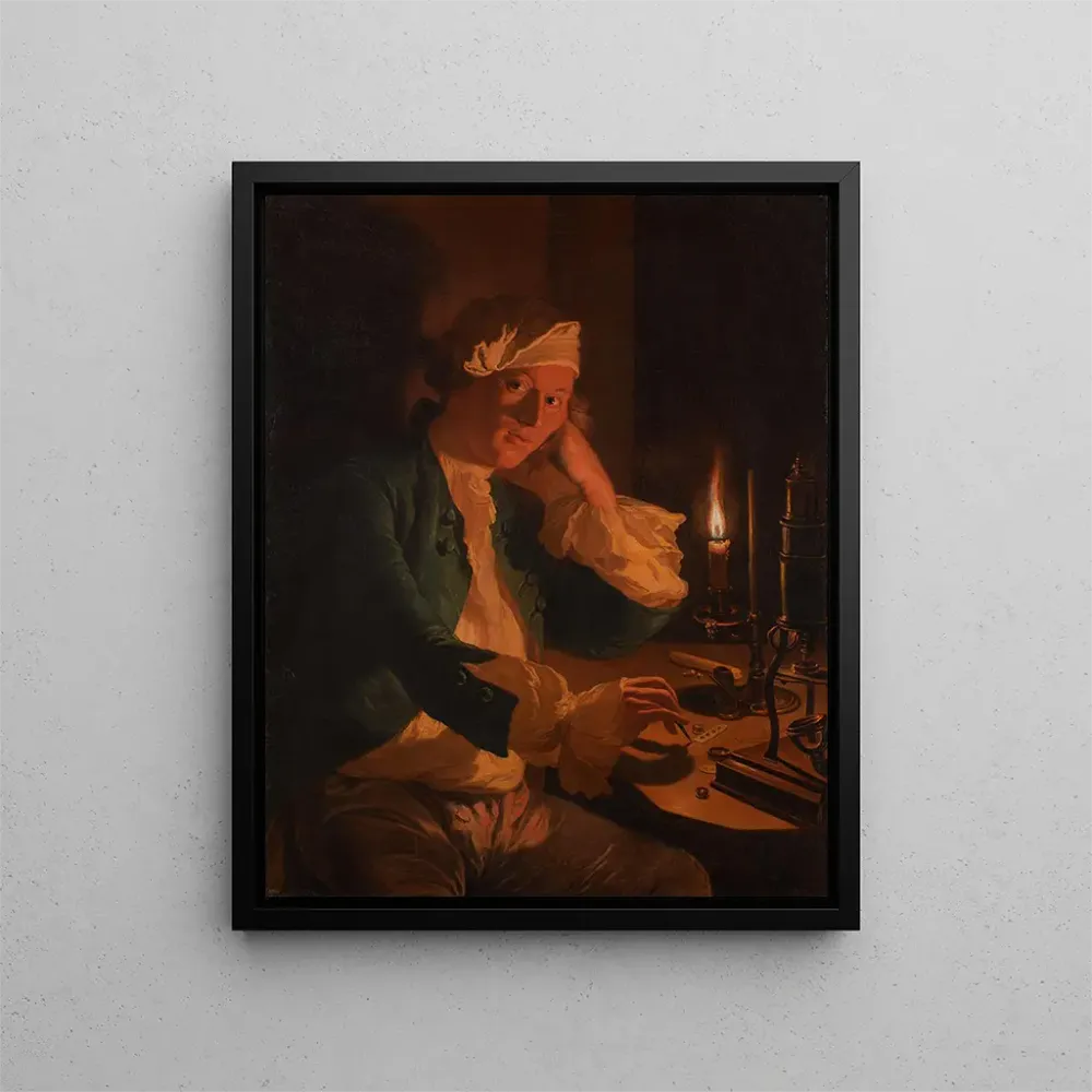 Tableau Un scientifique assis à un bureau à la lueur des bougies - Anna Dorothea Therbusch | Reproduction