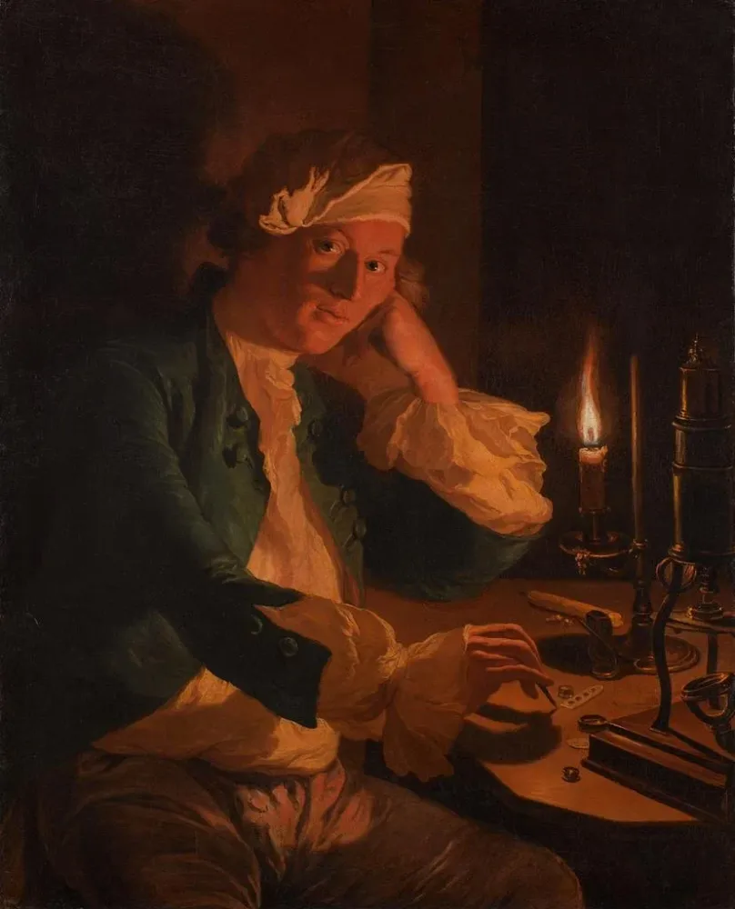 Tableau Un scientifique assis à un bureau à la lueur des bougies - Anna Dorothea Therbusch | Reproduction