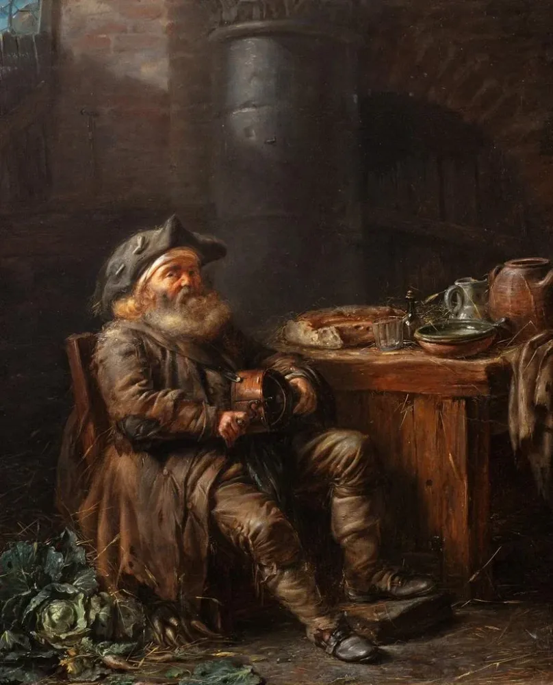 Tableau Un vieil homme jouant de la vielle dans un intérieur - Alexandre Moitte | Reproduction