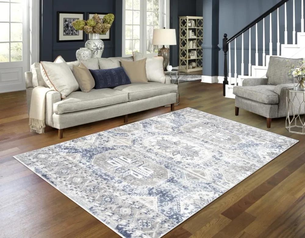 Tapis contemporain Parksdale 7x9 | Bleu et Gris fini utilisé