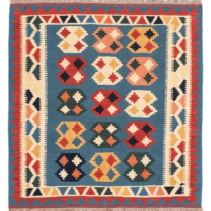 Tapis Kelim - Oriental carré - 107 x 101 cm - bleu de mer