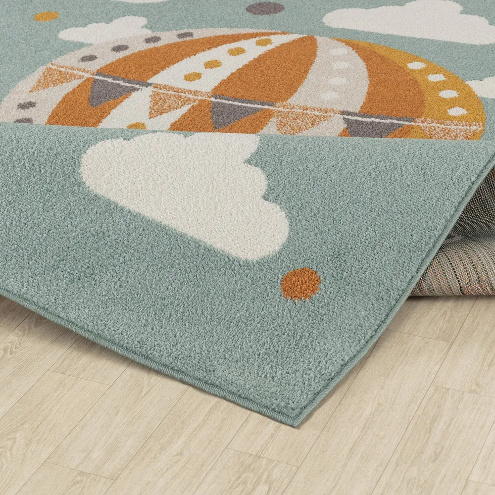 Tapis Rond Enfant Montgolfière Nuages Multicolore/Bleu Rond Cenon