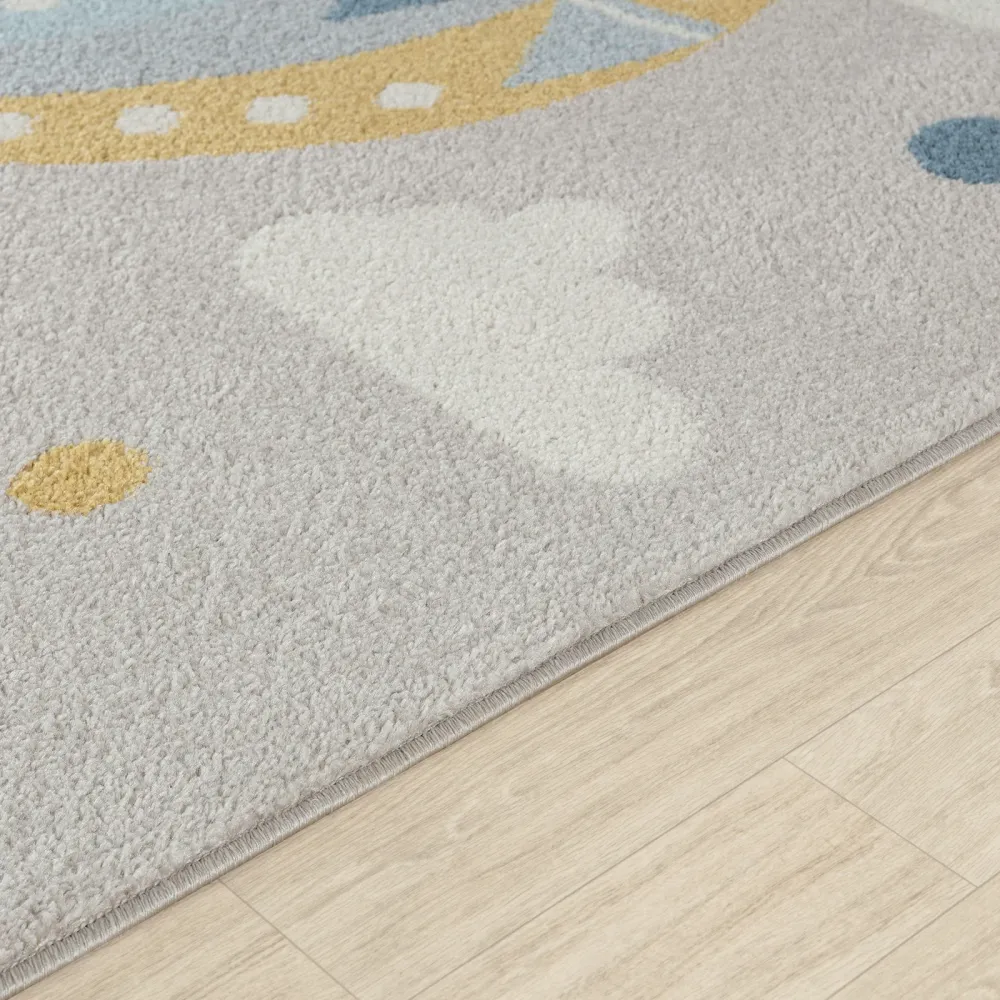 Tapis Rond Enfant Montgolfière Nuages Multicolore/Gris Rond Cenon