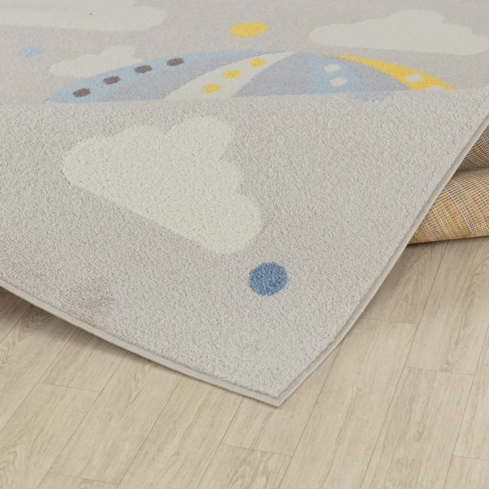 Tapis Rond Enfant Montgolfière Nuages Multicolore/Gris Rond Cenon