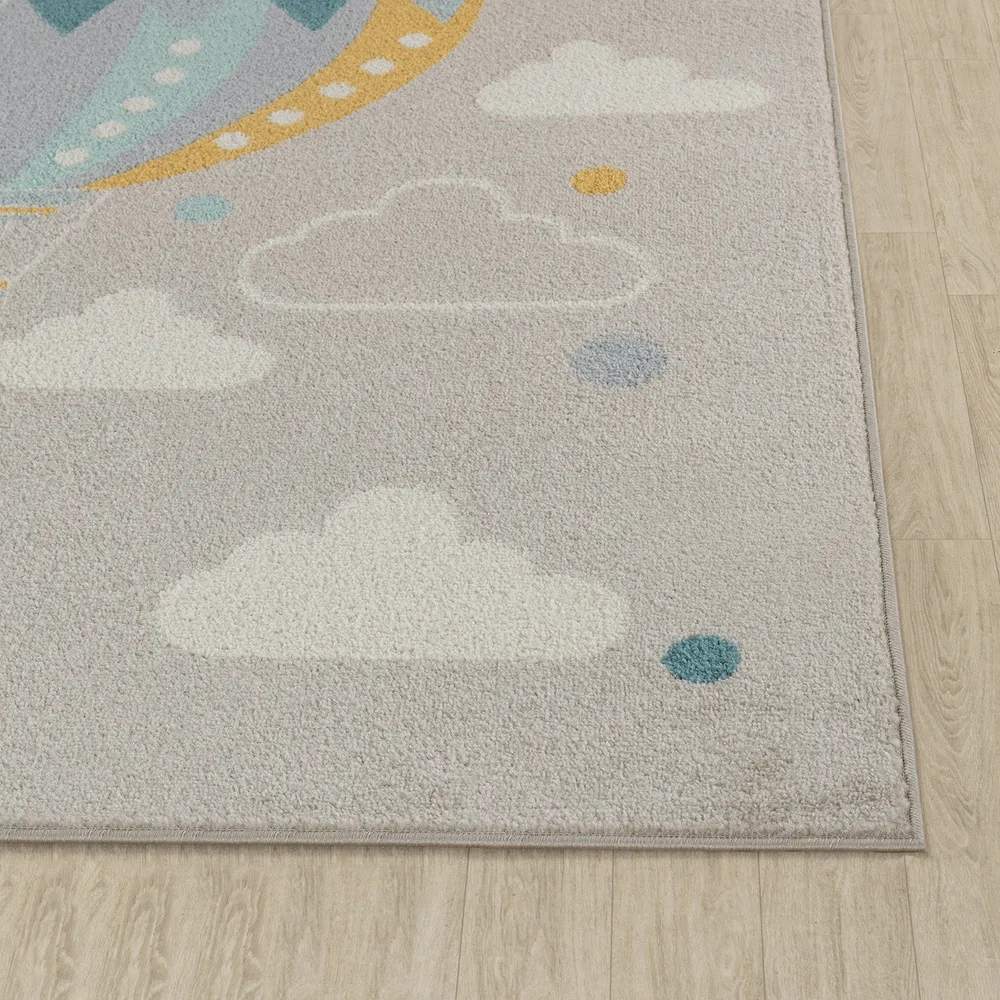 Tapis Rond Enfant Montgolfière Nuages Multicolore/Gris Rond Cenon
