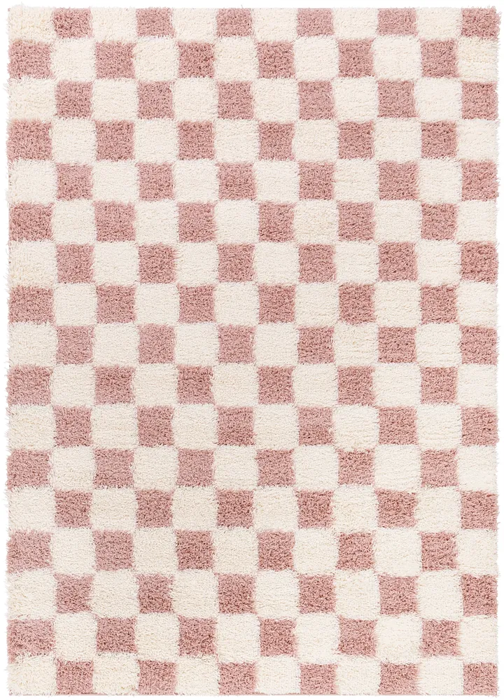 Tapis Shaggy à Carreaux Rose/Ivoire Dewas